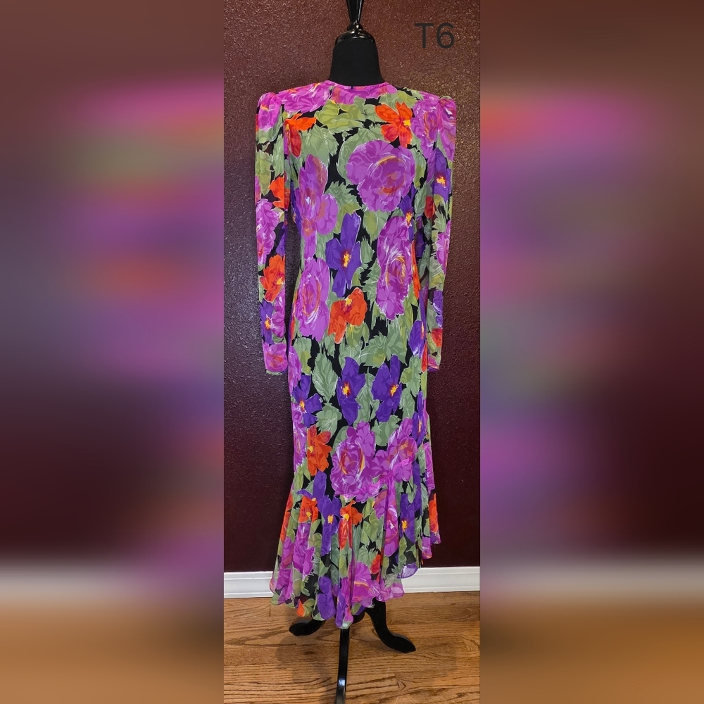 Vibrant Floral Long Sleeve Drop Waist Dress